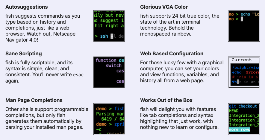 the fish shell advantages, as shown on the home page
