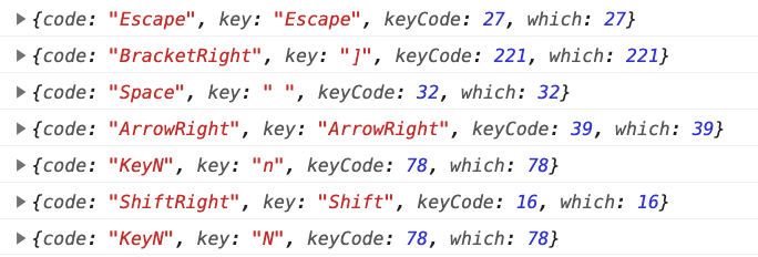 screenshot of keydown properties